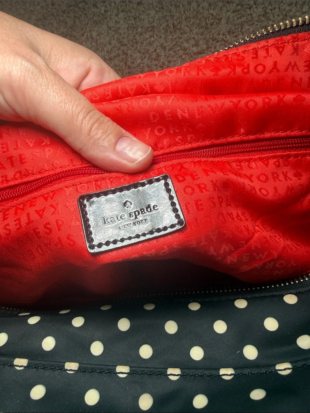Kate Spade Stevie polka dot nylon Purse bag black patent leather handles